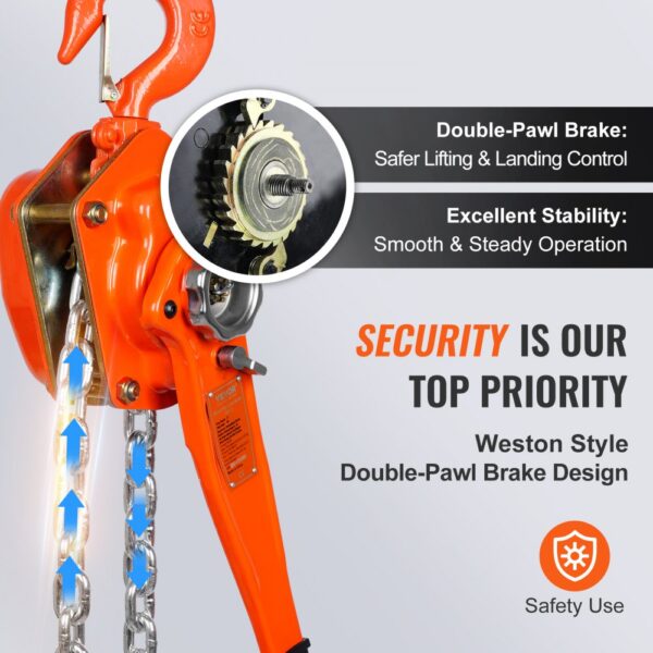 VEVOR manual lever chain hoist with double-pawl brake, secure lifting, and stability features.