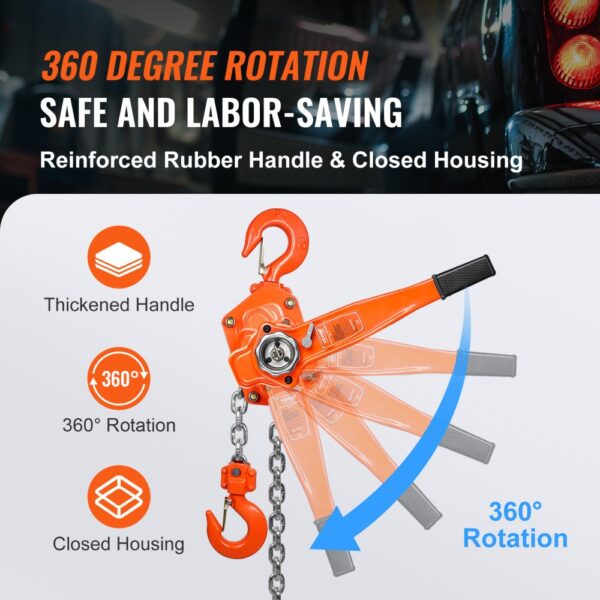 VEVOR manual lever chain hoist with 360-degree rotation, thickened handle, and closed housing. safe and labor-saving.