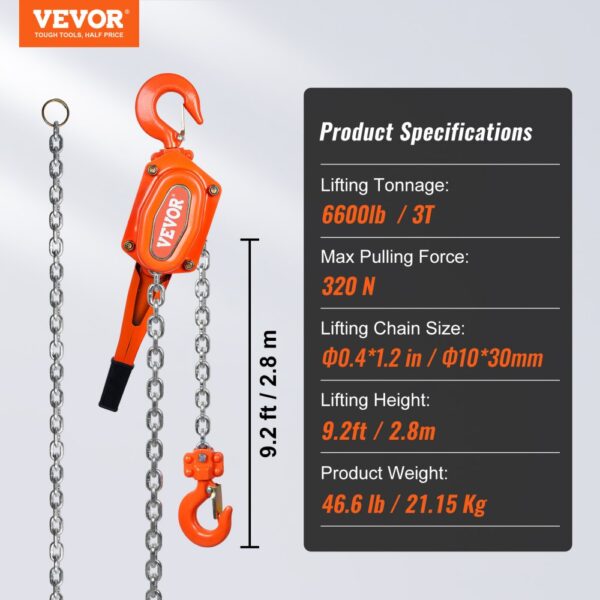 VEVOR manual lever chain hoist with 6600lb capacity, 9.2ft lift height, and 320n max pulling force.