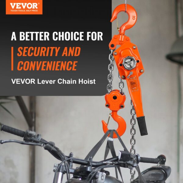 VEVOR lever chain hoist used for lifting a motorcycle, promoting security and convenience.