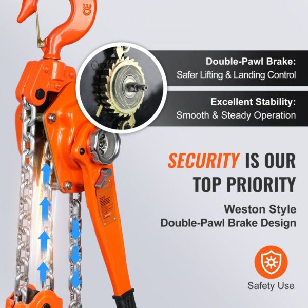 VEVOR chain hoist with double-pawl brake for safer lifting and landing control, excellent stability.