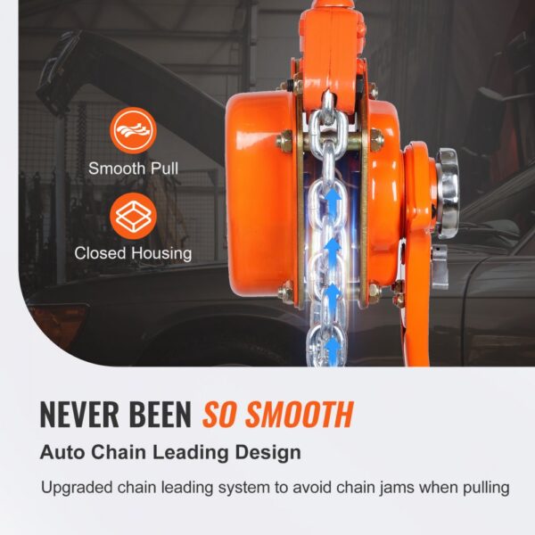 VEVOR chain hoist with smooth pull and closed housing in a mechanic workshop.