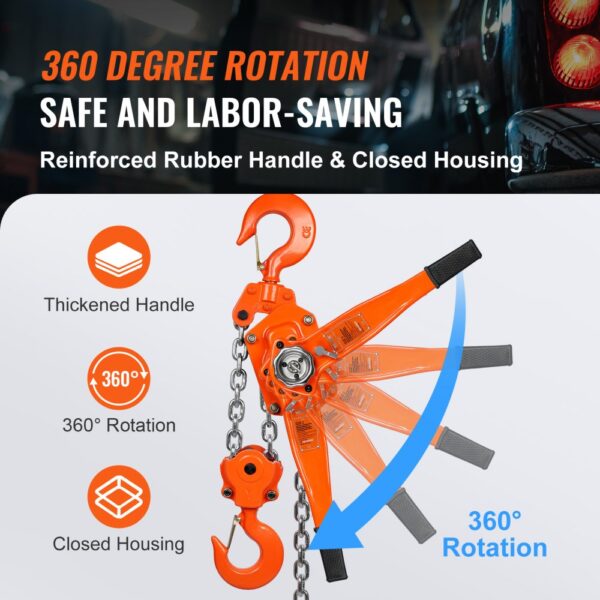 VEVOR chain hoist with 360-degree rotation, thickened handle, and closed housing for safety and labor-saving.