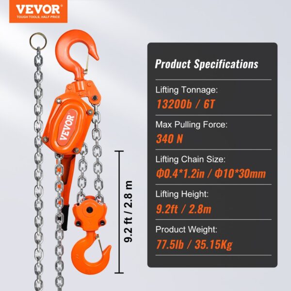 VEVOR chain hoist with 13200lb lifting capacity, 9.2ft lifting height, and durable metal chain.