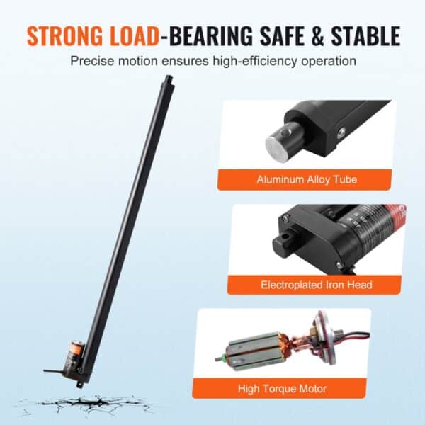 VEVOR linear actuator 12v with aluminum alloy tube, electroplated iron head, and high torque motor features.