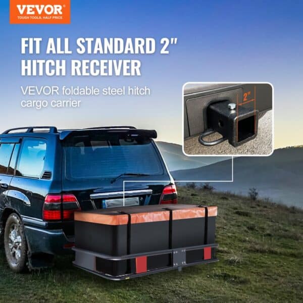 suv with a VEVOR hitch cargo carrier in a scenic outdoor setting, highlighting a standard 2" hitch receiver.