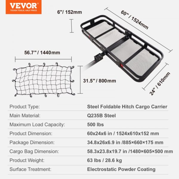 VEVOR hitch cargo carrier, q235b steel, foldable, 60x24x6in, 500 lbs capacity, includes cargo net.