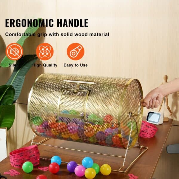 VEVOR raffle drum with ergonomic handle, filled with colorful balls and raffle tickets on a desk.