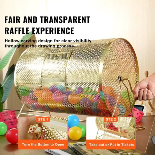 VEVOR raffle drum with transparent design, filled with colorful balls, and hand turning the handle.