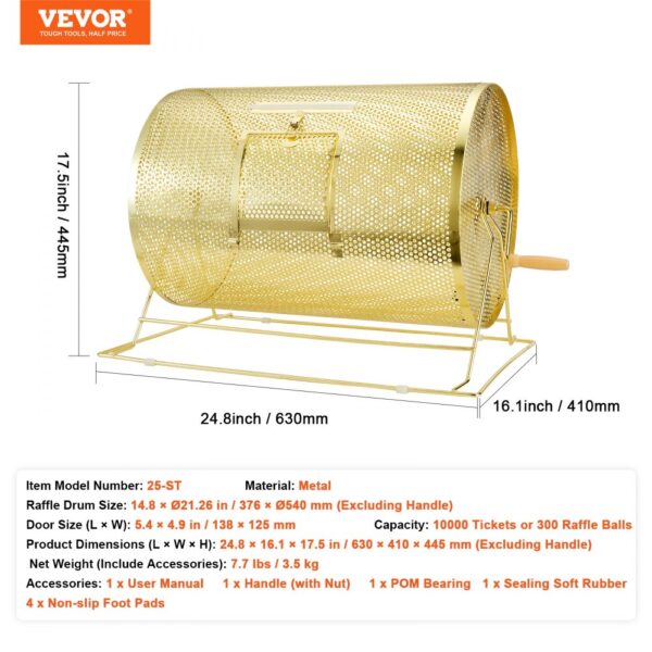 gold VEVOR raffle drum with crank handle, dimensions: 24.8" x 16.1" x 17.5", and 10,000 ticket capacity.