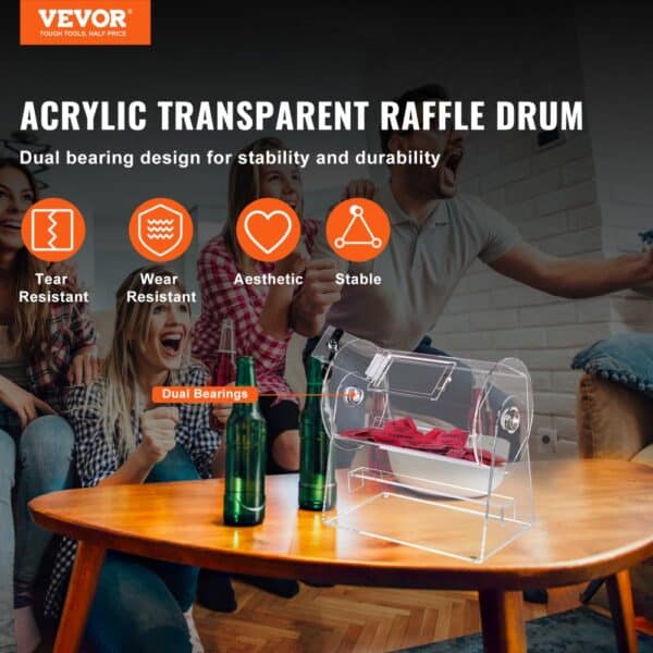 VEVOR acrylic raffle drum on a table, highlighting dual bearings and durability features.