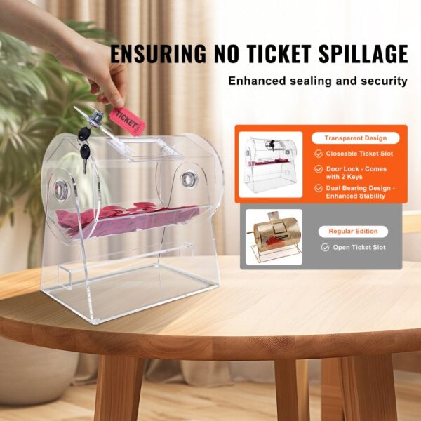 transparent VEVOR acrylic raffle drum with closed ticket slot, secured by lock, placed on a wooden table.