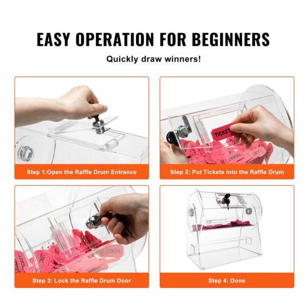 VEVOR acrylic raffle drum steps for easy operation: open, insert tickets, lock, done! perfect for beginners.