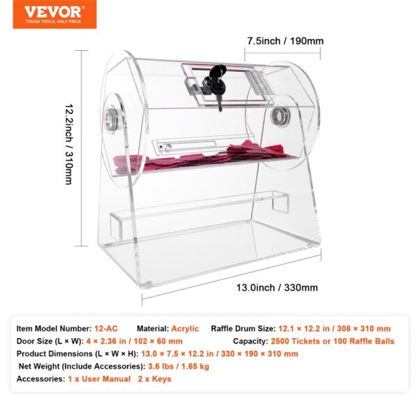 VEVOR acrylic raffle drum with lock, dimensions, and capacity details highlighted against a white background.