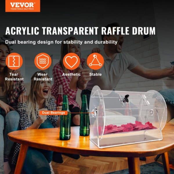 VEVOR acrylic raffle drum on a table, surrounded by people, showcasing stability and durability features.