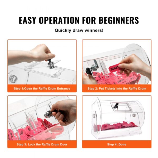 steps to use VEVOR acrylic raffle drum: open, insert tickets, lock, and draw winners easily.