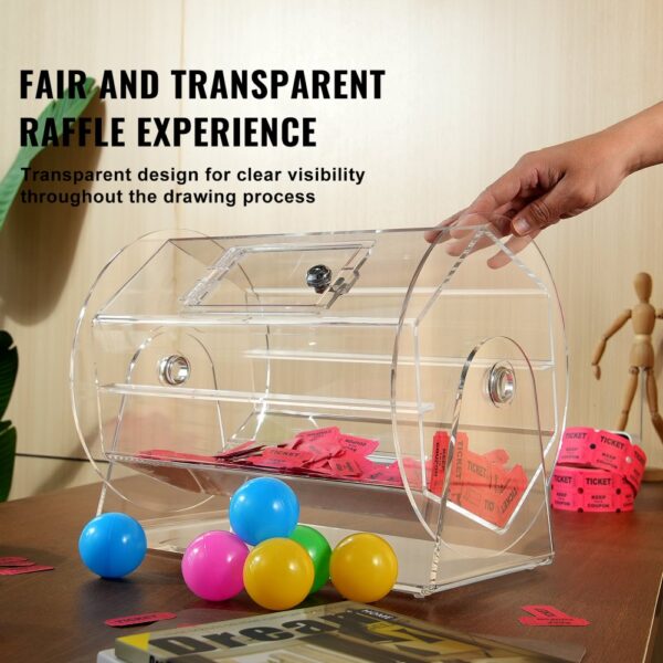 VEVOR acrylic raffle drum showcasing transparent design with tickets and colorful balls nearby.