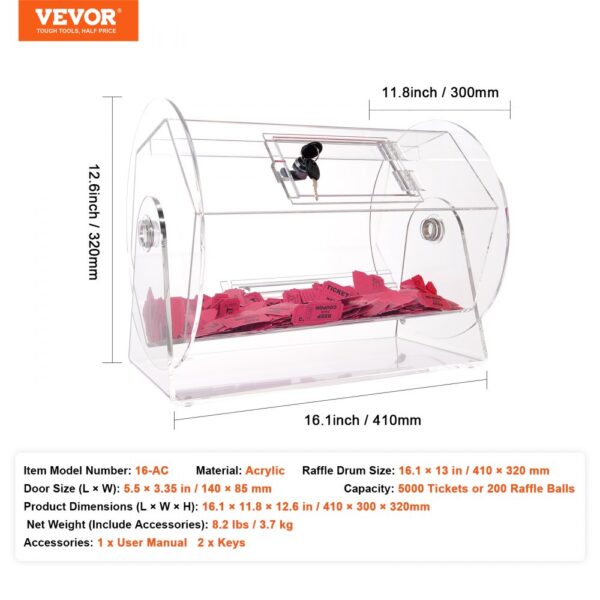 VEVOR acrylic raffle drum, clear with red tickets inside, 16.1 x 11.8 x 12.6 inches, keys included.