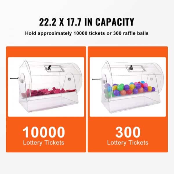 VEVOR Acrylic Raffle Drum, Holds 10000 Tickets or 300 Raffle Balls, Professional Raffle Ticket Spinning Cage with 2 Keys, Transparent Lottery Spinning Drawing, Raffle Ticket Box for Lottery Games Bing