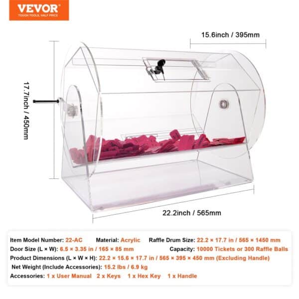 VEVOR Acrylic Raffle Drum, Holds 10000 Tickets or 300 Raffle Balls, Professional Raffle Ticket Spinning Cage with 2 Keys, Transparent Lottery Spinning Drawing, Raffle Ticket Box for Lottery Games Bing