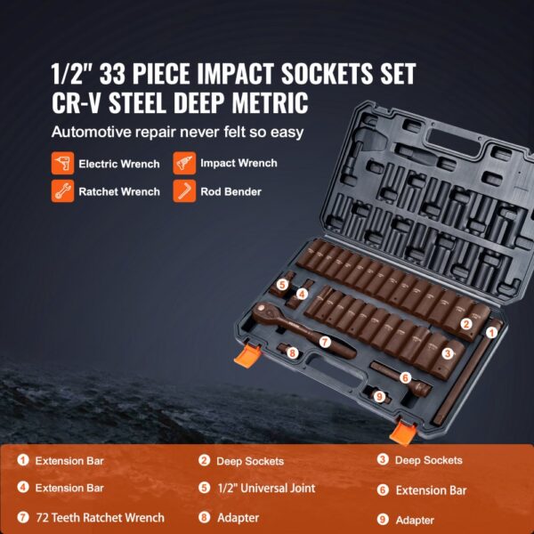 VEVOR impact socket set in a black case with various attachments for automotive repair.