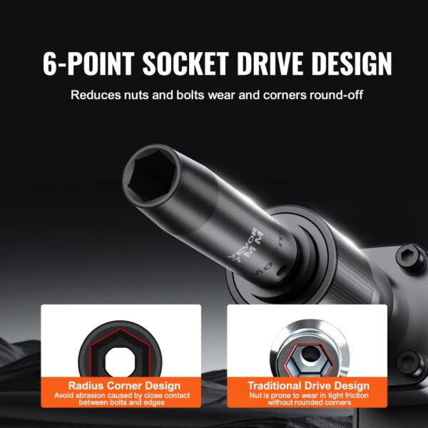 VEVOR impact socket set with 6-point drive, radius corner design, and wear-reducing features.