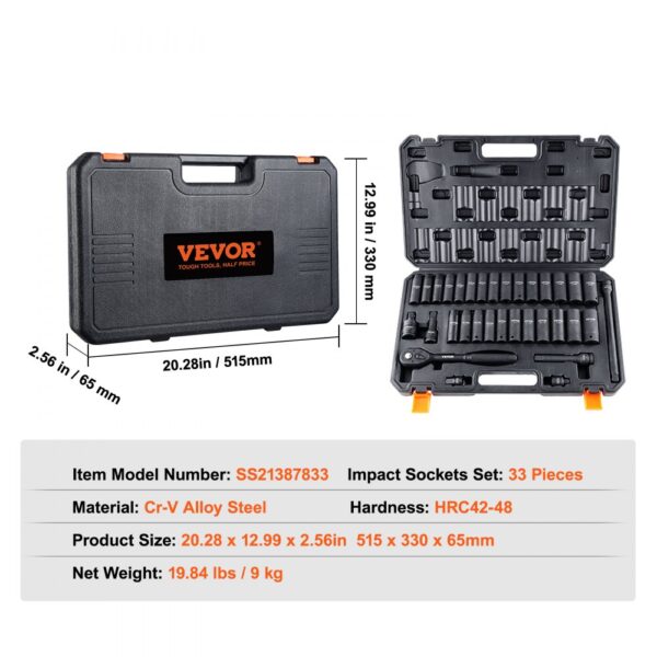 VEVOR impact socket set, 33 pieces in black carrying case with product details and dimensions.