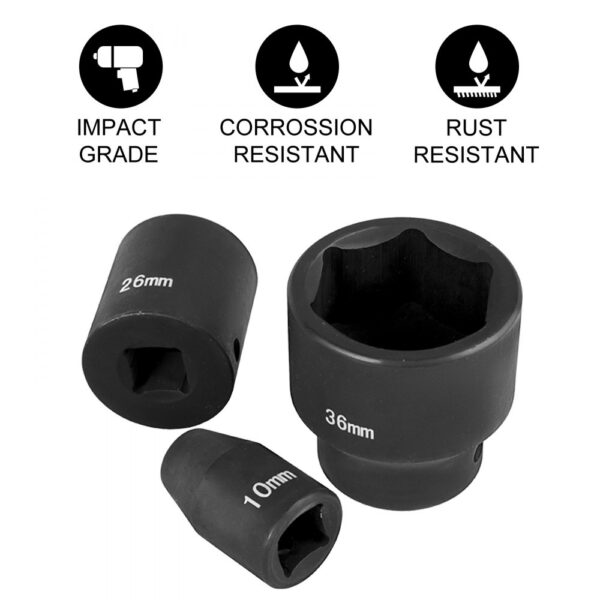 VEVOR impact socket set, sizes 10mm, 26mm, and 36mm, corrosion and rust resistant.