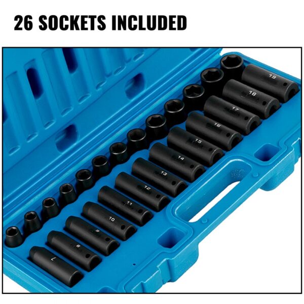 VEVOR impact socket set with 26 sockets in a blue case.