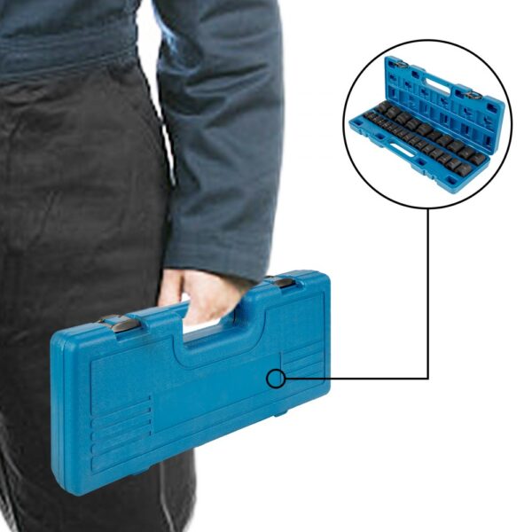 person carrying a blue VEVOR impact socket set in a plastic case.