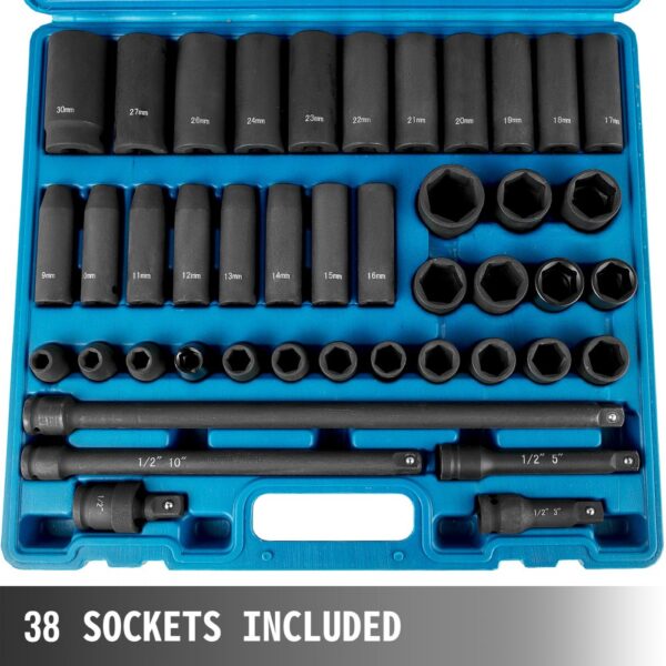 VEVOR impact socket set with 38 sockets arranged in a blue case