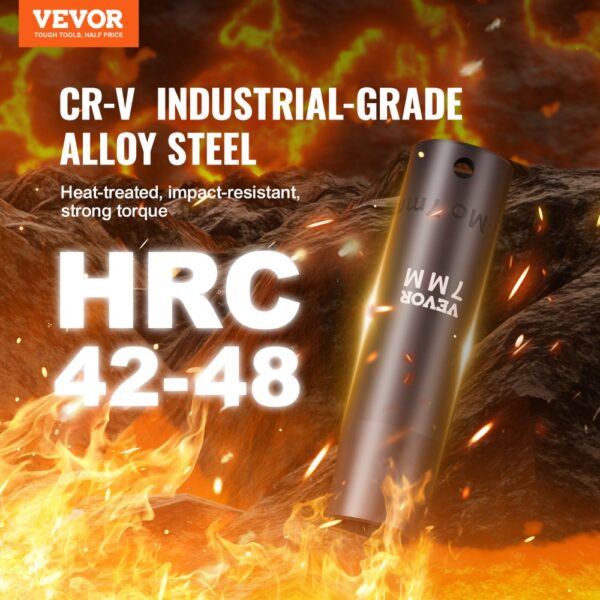 VEVOR deep impact socket set, cr-v industrial-grade alloy steel, hrc 42-48, heat-treated and impact-resistant.