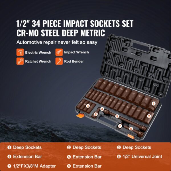 VEVOR deep impact socket set with 34 cr-mo steel pieces and two deep socket rows in a carry case.