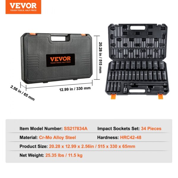 VEVOR deep impact socket set in case, 34 pieces, cr-mo steel, hardness hrc42-48, detailed dimensions.