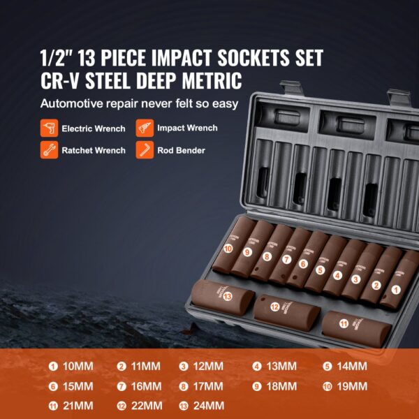 VEVOR impact socket set with 13 pieces in a case, labeled by size from 10mm to 24mm for automotive repair.