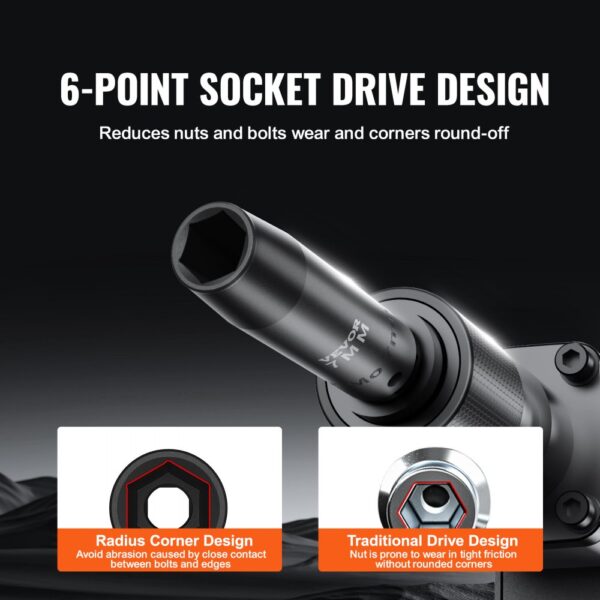 VEVOR impact socket set with 6-point drive design, radius corner design, and traditional drive design.