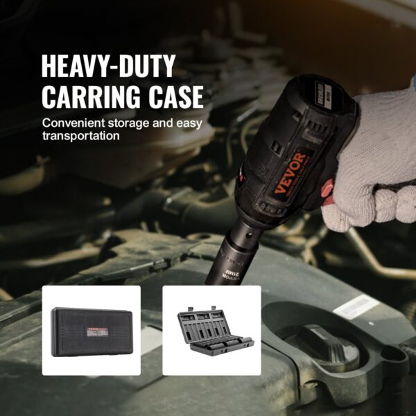 person using impact wrench with VEVOR impact socket set, heavy-duty carrying case shown.