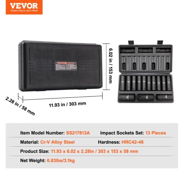 VEVOR impact socket set, 13 pieces, cr-v alloy steel, hrc42-48, 11.93x6.02x2.28 inches carrying case.