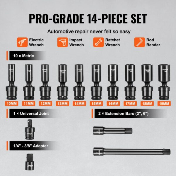 VEVOR 360 Degree Swivel Impact Sockets Set 14pcs 6-Point 3/8in Drive Socket Set