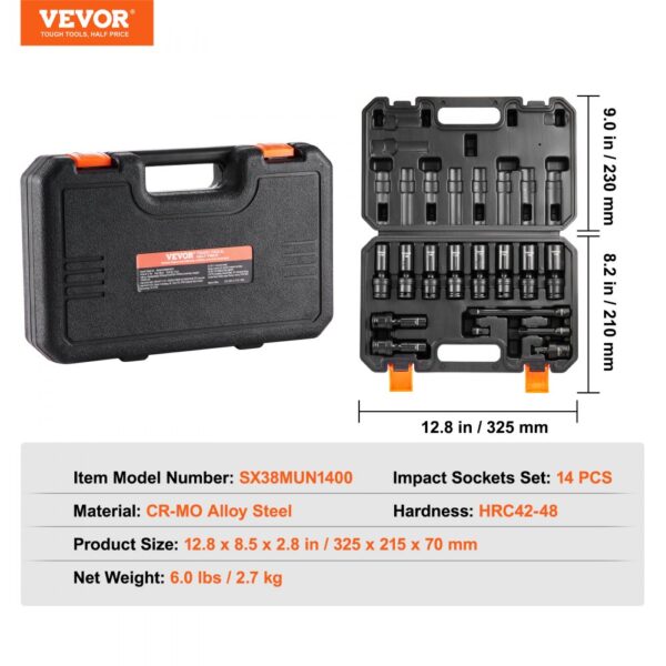 VEVOR 360 Degree Swivel Impact Sockets Set 14pcs 6-Point 3/8in Drive Socket Set