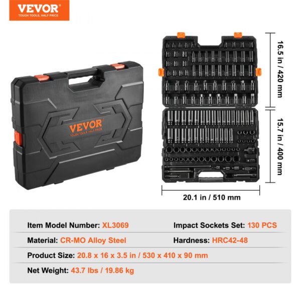 VEVOR Impact Sockets Set 130PCS 6-Point 3/8" & 1/2" Drive Bit Ratchet Tool Kit