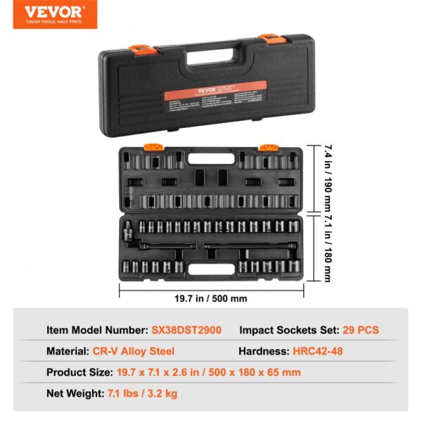 VEVOR Impact Sockets Set 29pcs 6-Point 3/8in Drive Bit Ratchet Tool Kit Case