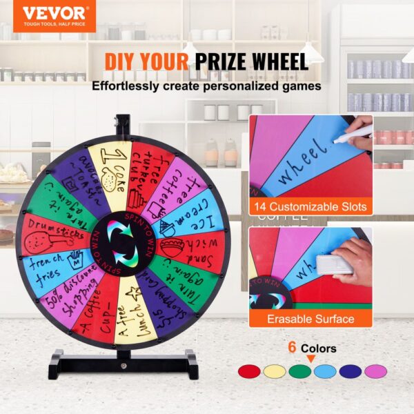 VEVOR spinning prize wheel with 14 customizable slots, erasable surface, and 6 vibrant colors.