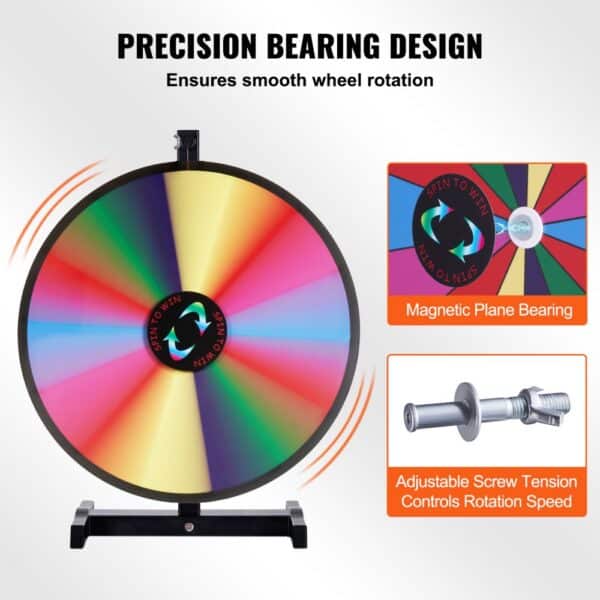 VEVOR spinning prize wheel with a rainbow-colored design, magnetic plane bearing, and adjustable screw tension.