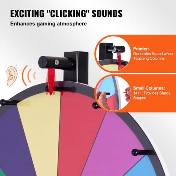 VEVOR spinning prize wheel with clicking sound for gaming, pointer and 14+1 columns for sturdy support.