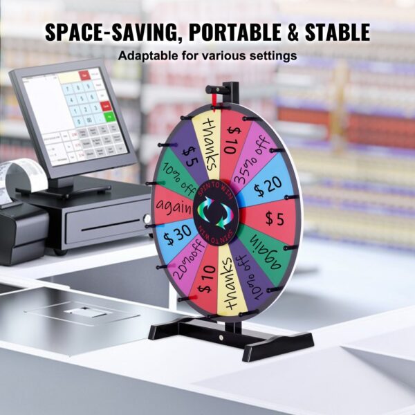 VEVOR spinning prize wheel displayed on a store counter beside a pos terminal, featuring colorful prize segments.