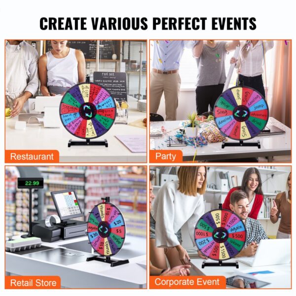 VEVOR spinning prize wheel shown in restaurant, party, retail store, and corporate event settings.