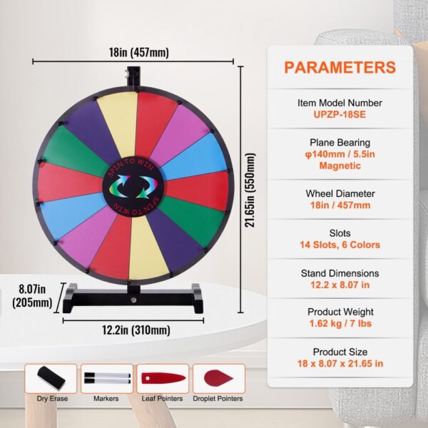 multicolor VEVOR spinning prize wheel with 14 slots on a table, showing dimensions and specifications.