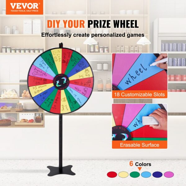 VEVOR spinning prize wheel with 18 customizable slots, erasable surface, and 6 vibrant colors.