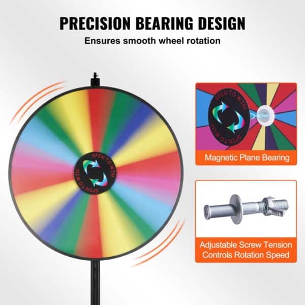 VEVOR spinning prize wheel with magnetic plane bearing and adjustable screw for smooth rotation.